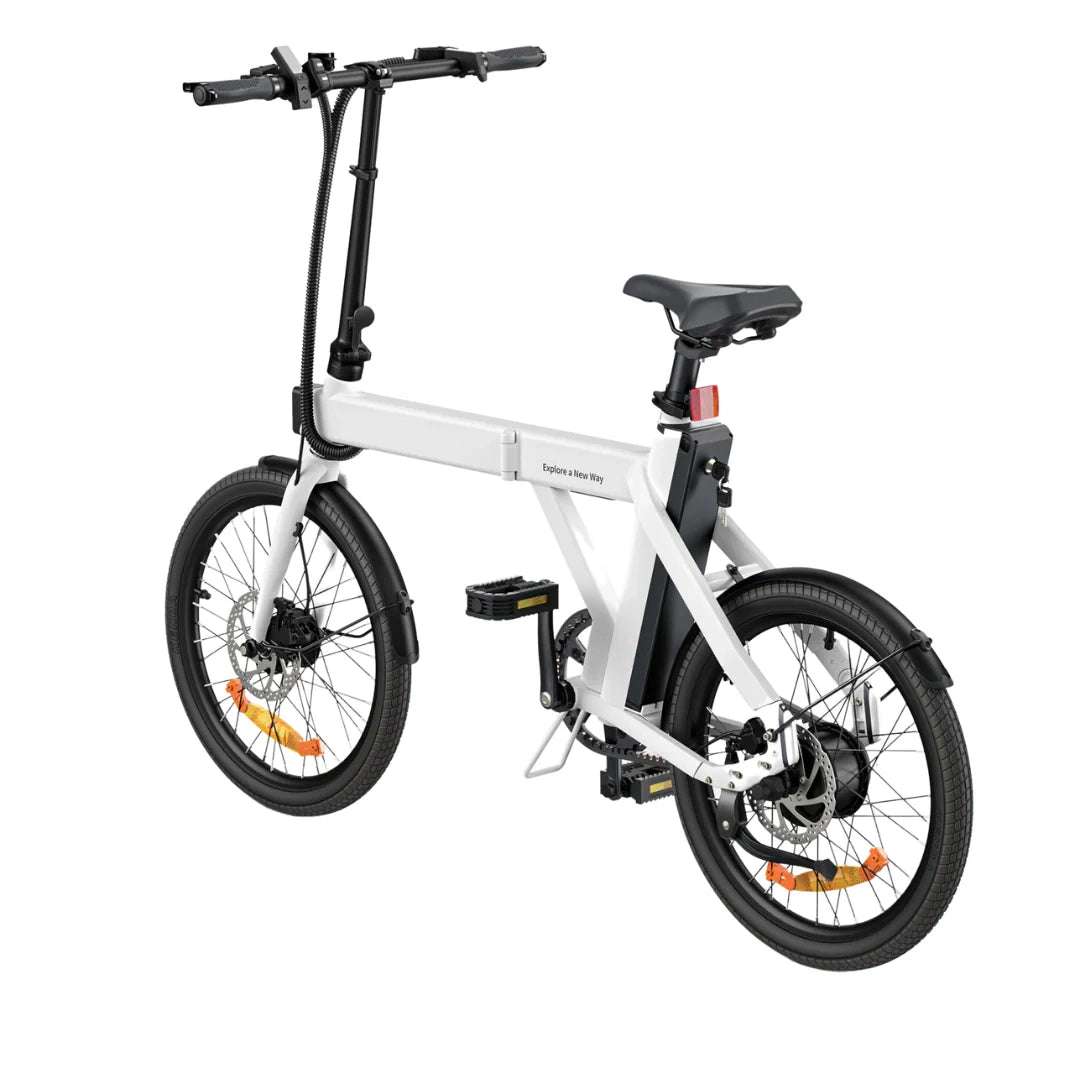 White electric bike with black handlebars and wheels on a white background