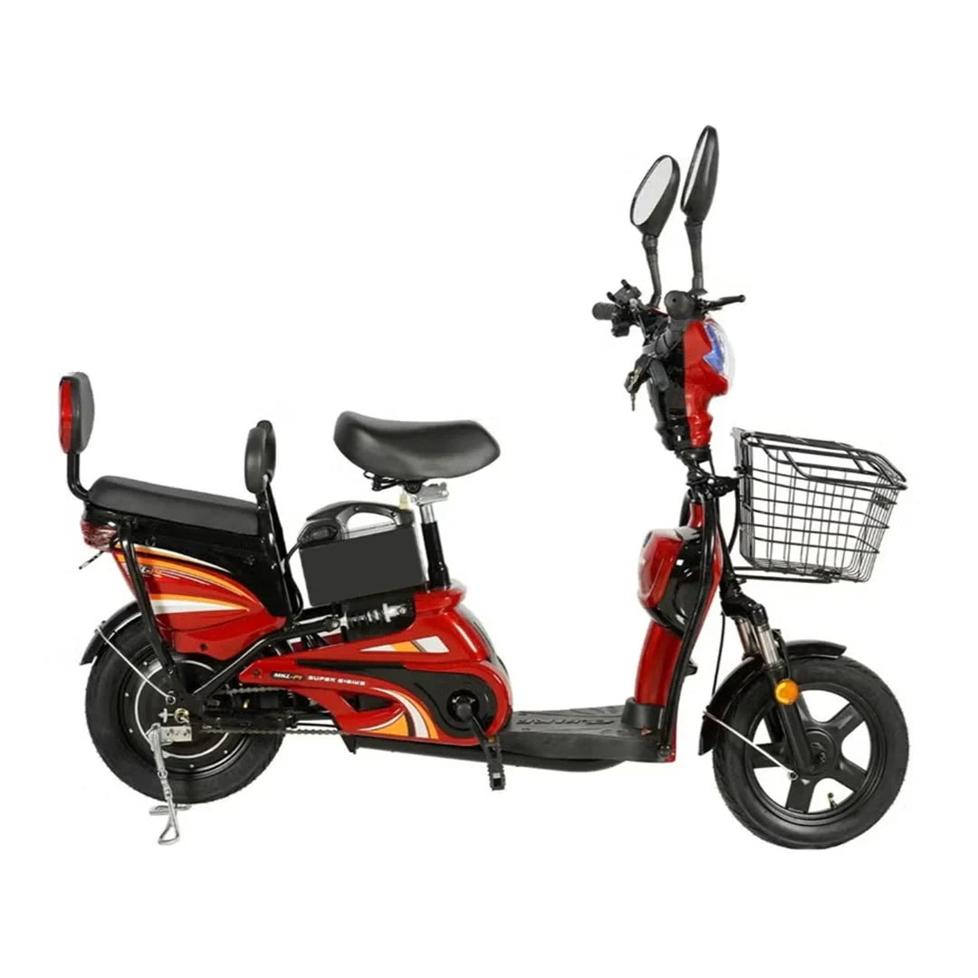 Red and black electric scooter with a basket on a white background