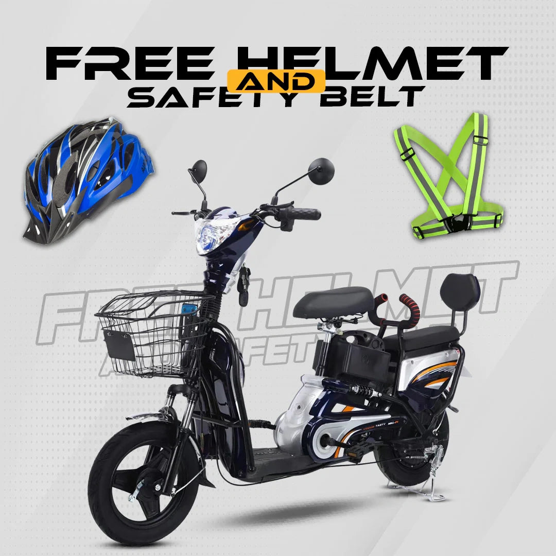 Electric scooter with helmet and safety belt on a gray background
