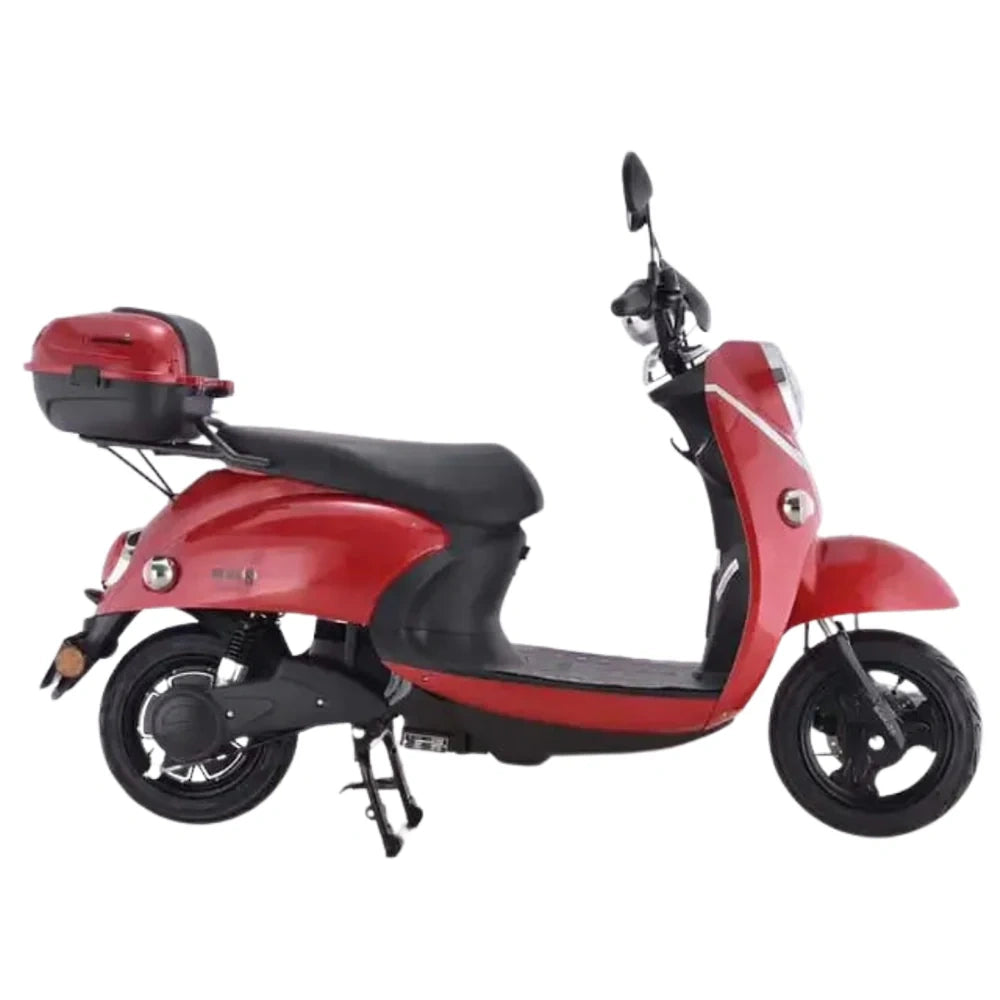 Red scooter with a black seat and storage box on a white background
