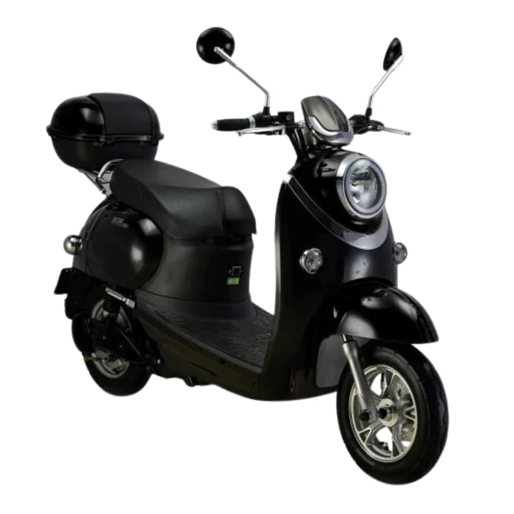 Black scooter with a helmet on a white background