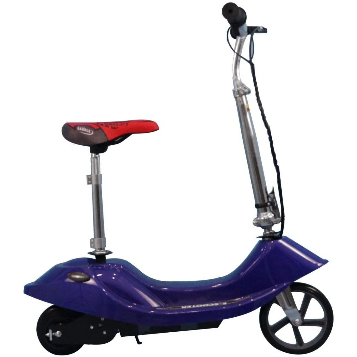 Purple scooter with a red seat on a white background