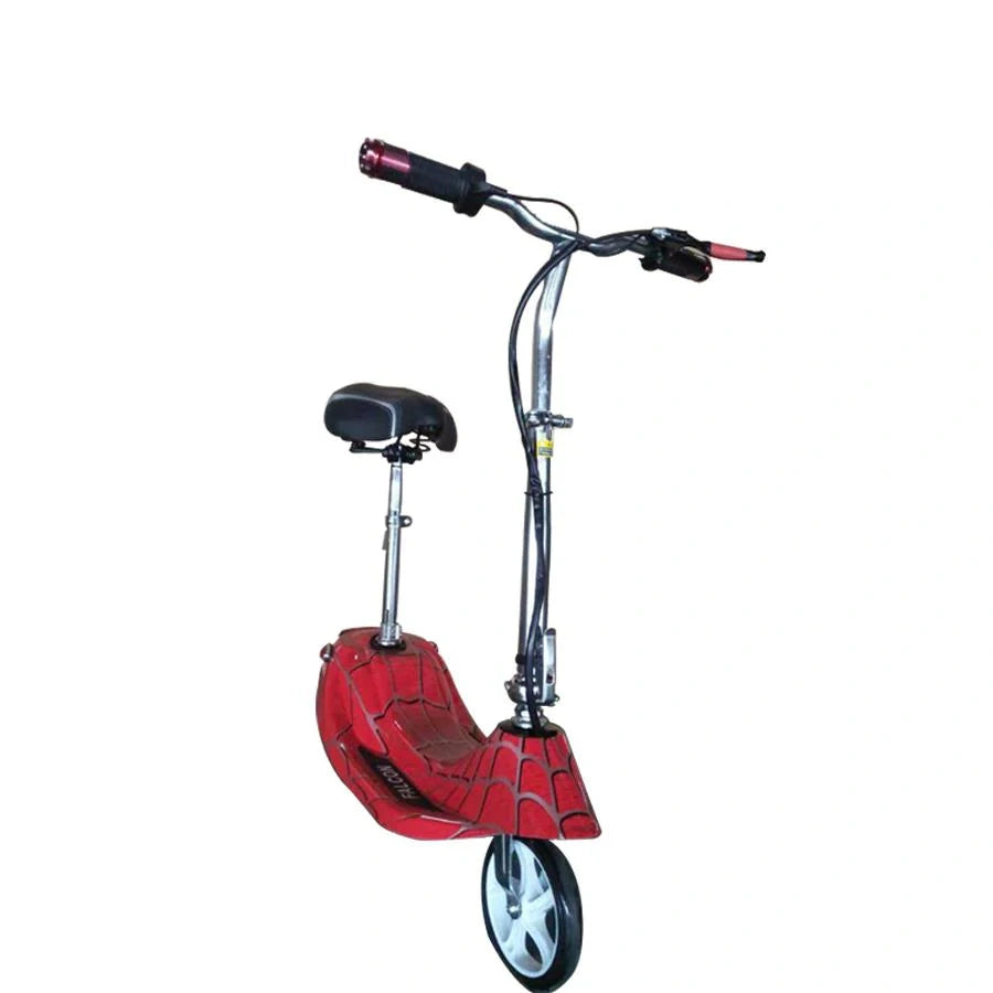 Red scooter with spider web design on a white background