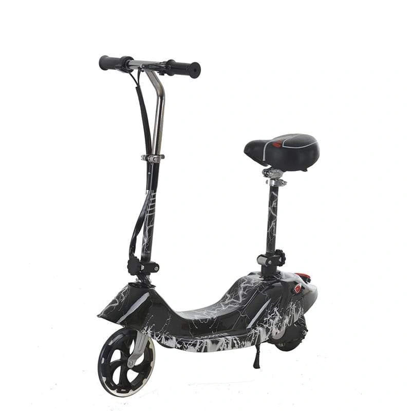 Black and gray scooter with a seat on a white background
