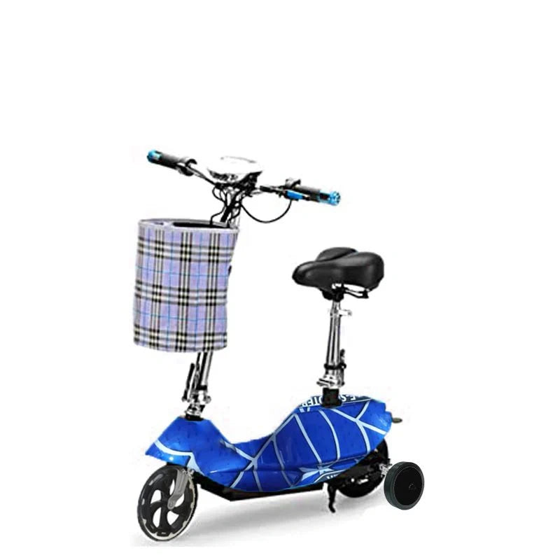 Blue scooter with a plaid basket on a white background