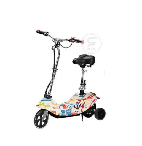 Multicolored electric scooter with a seat on a white background