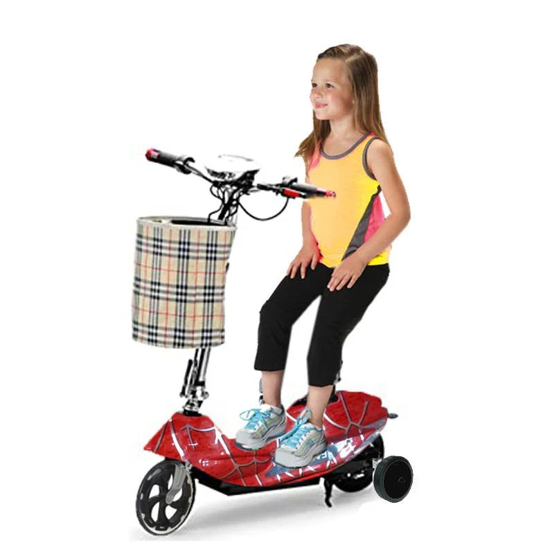 Child on a scooter with a basket, white background