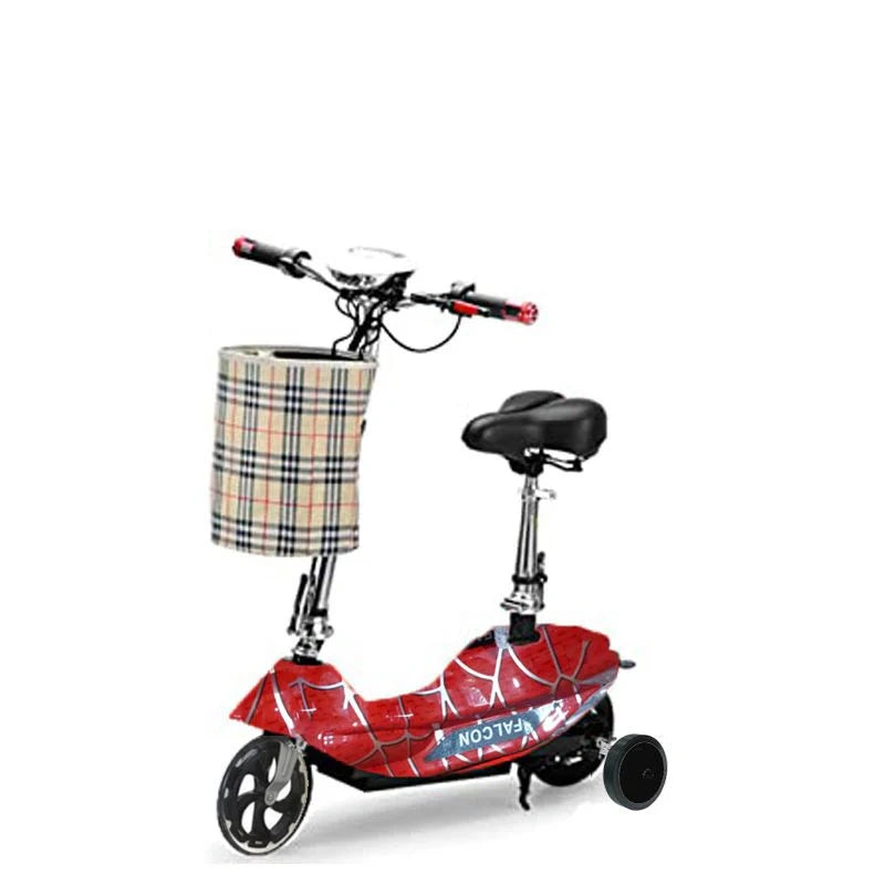 Red scooter with a plaid basket on a white background