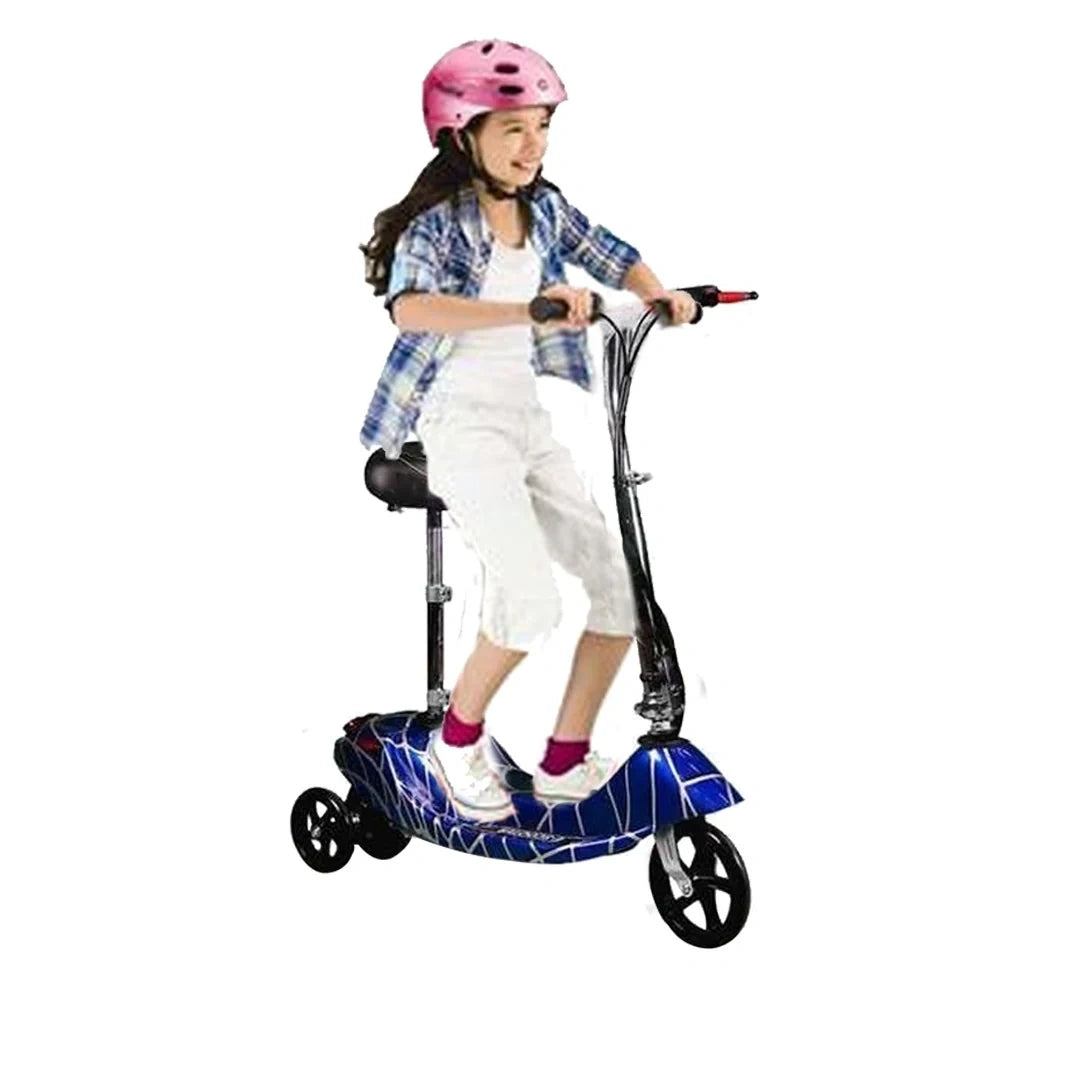 Child riding a scooter with a helmet on a white background