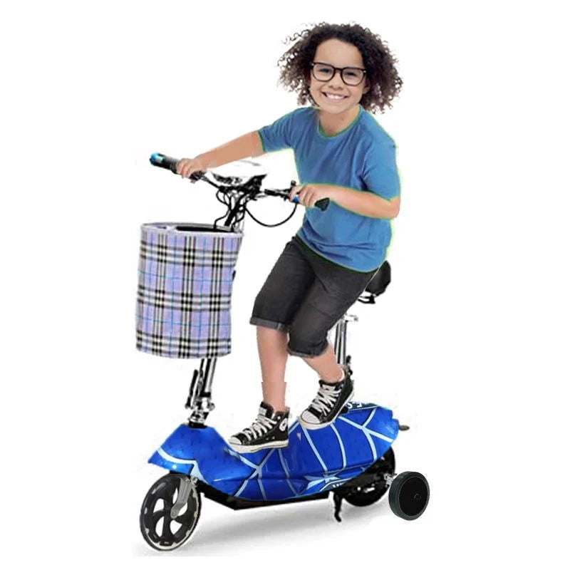 Child riding a blue scooter with a basket on a white background