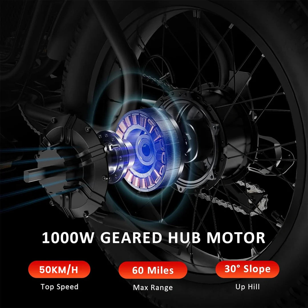 1000W geared hub motor with specifications on a dark background