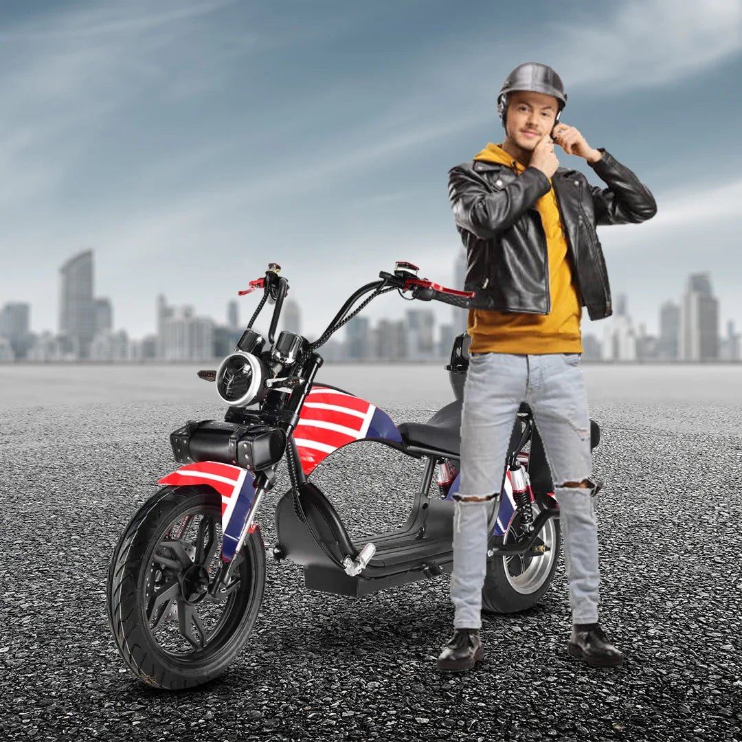 Man standing next to a motorcycle with a cityscape in the background