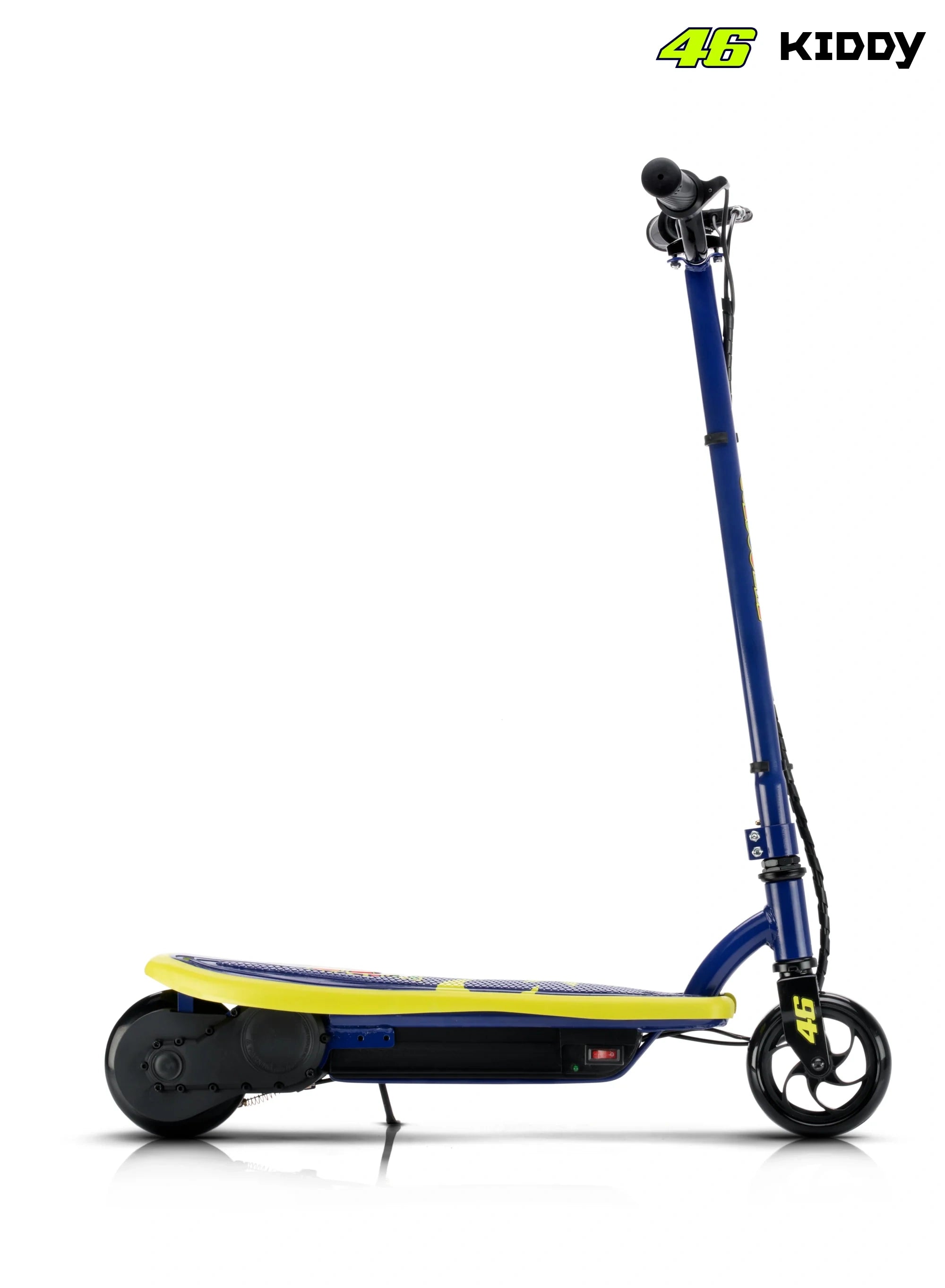 Blue and yellow scooter with a stand on a white background, featuring the '46 KIDDY' logo.