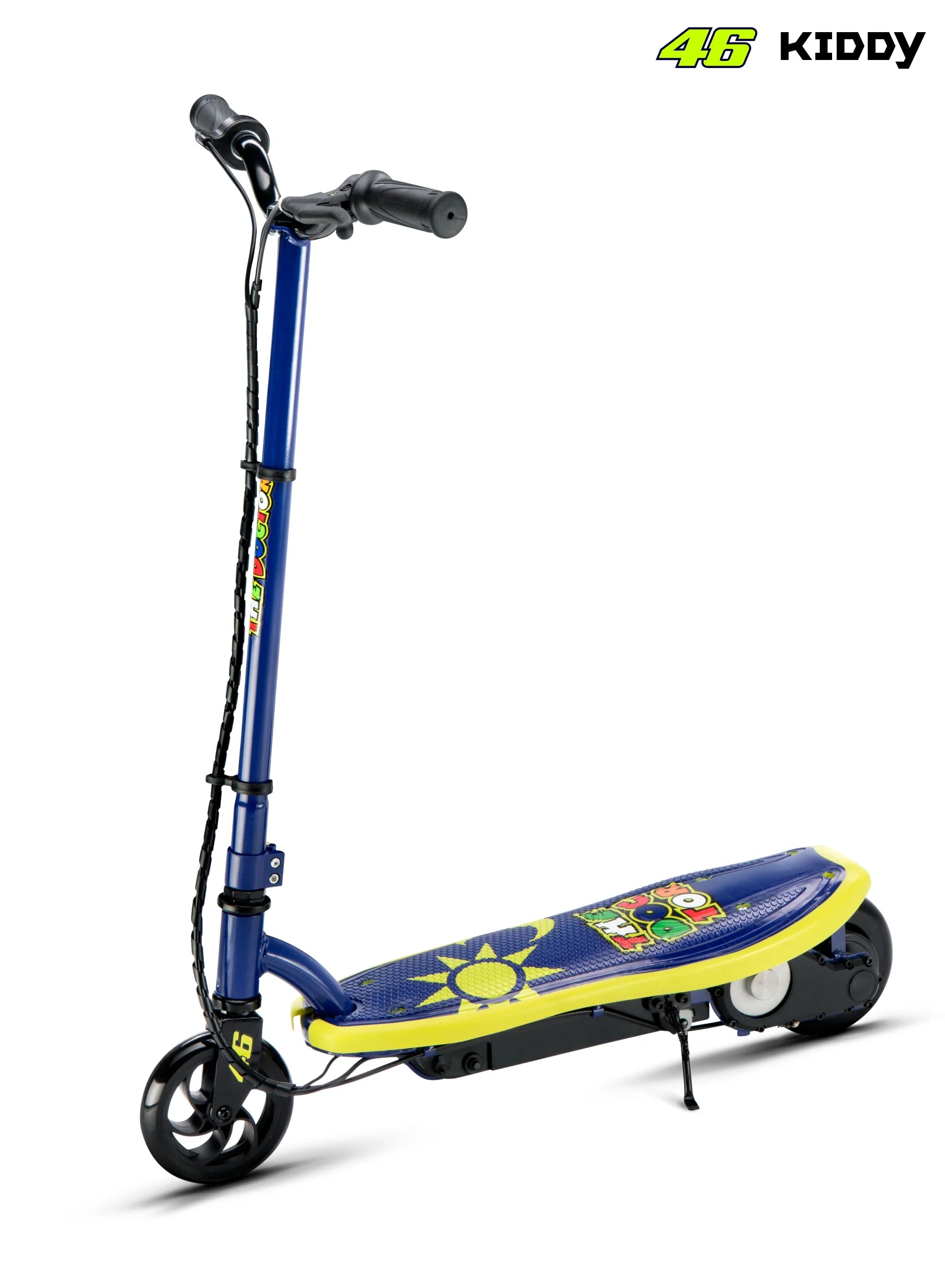 Children's scooter with cartoon design on a white background, featuring the brand '46 Kiddy'.