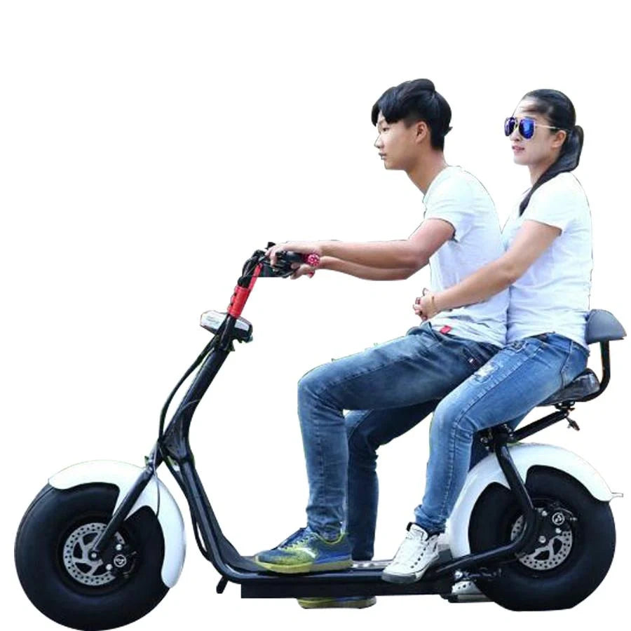 Two people riding a black electric scooter on a white background