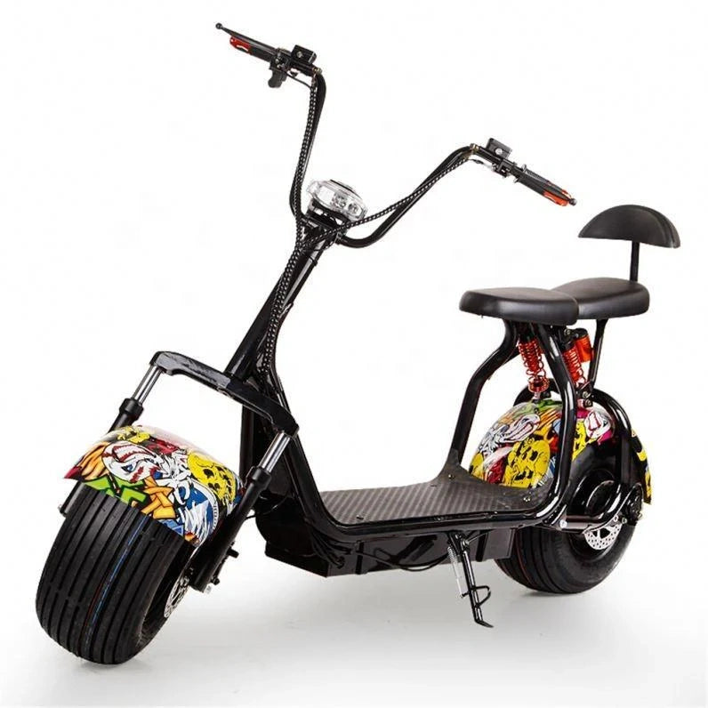 Black electric scooter with colorful wheels on a white background