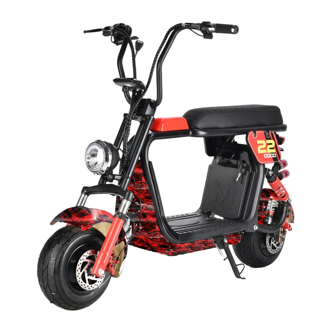 Red and black electric scooter on a white background