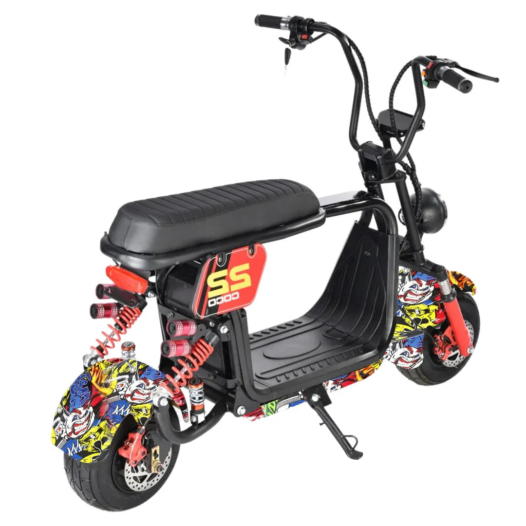 Black electric scooter with colorful design on a white background