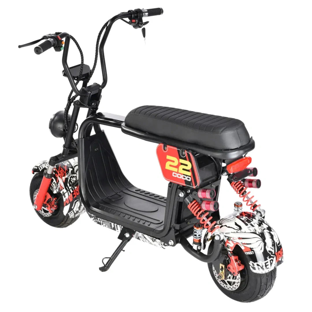 Black electric scooter with red and white accents on a white background