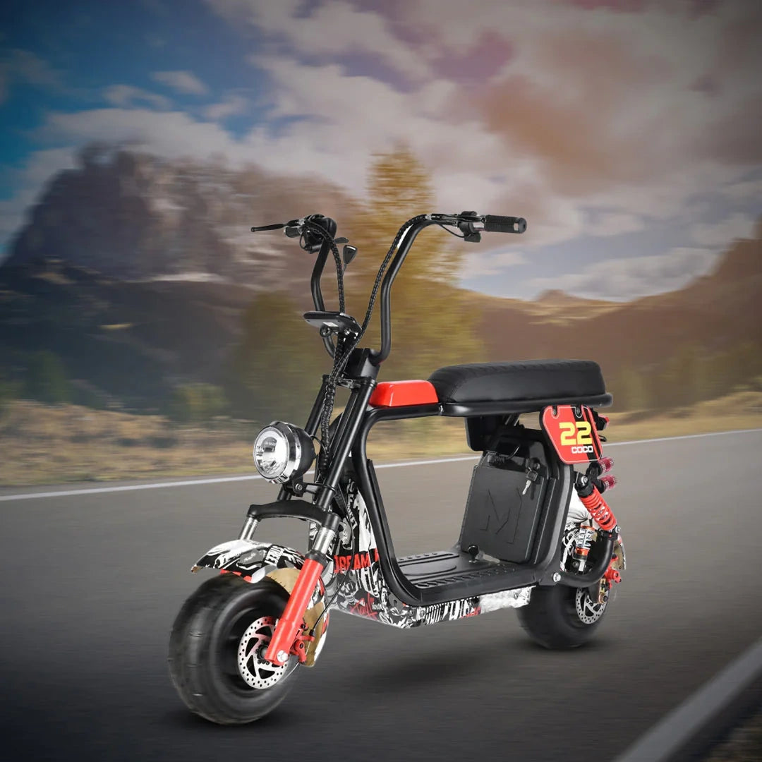 Electric scooter on a road with a scenic background