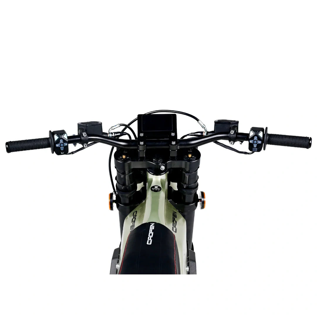 Close-up of a motorcycle handlebar with visible branding on a white background