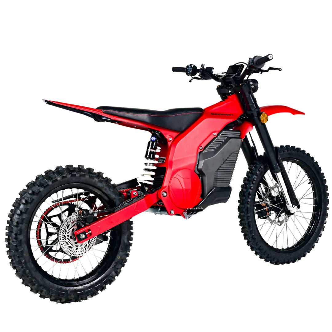 Red electric dirt bike on a white background