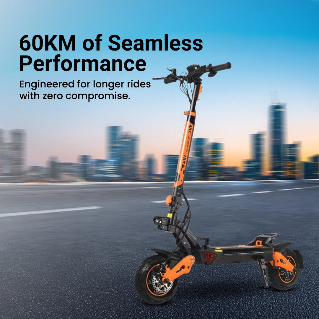 Electric scooter on a road with a cityscape background and text about performance.