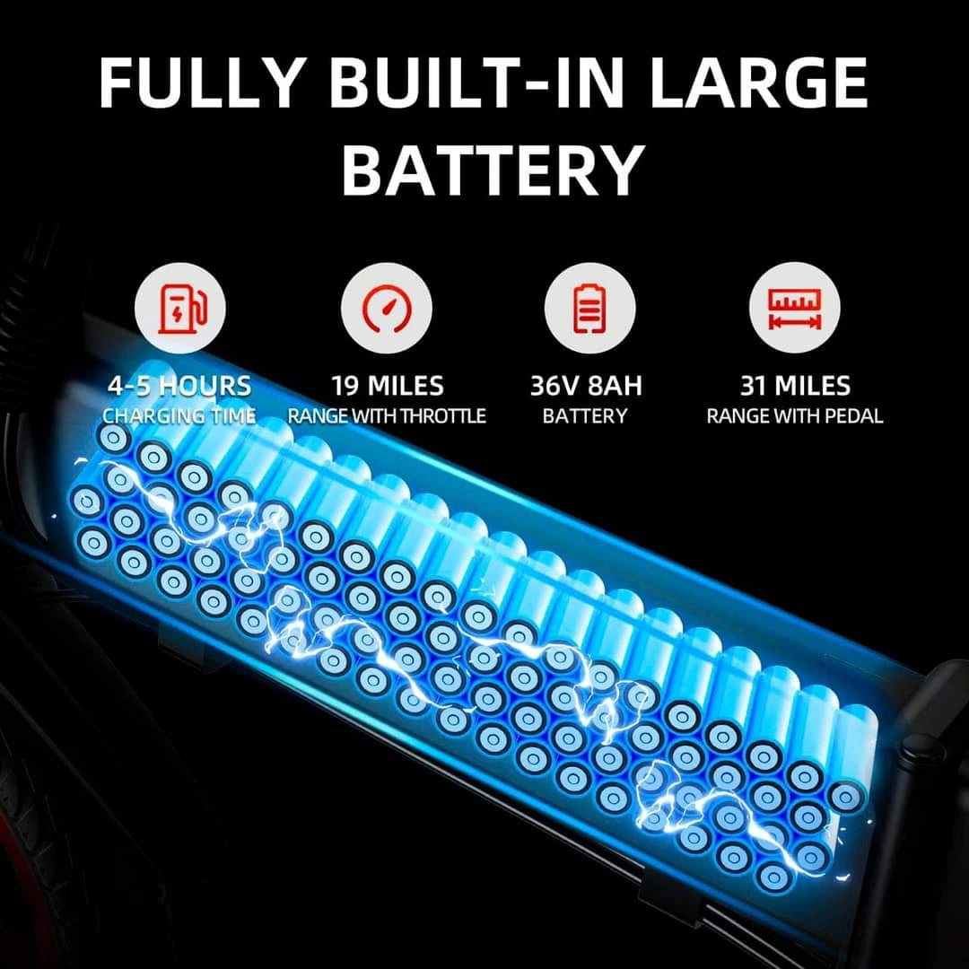 Battery pack with charging time, range, and specifications on a black background