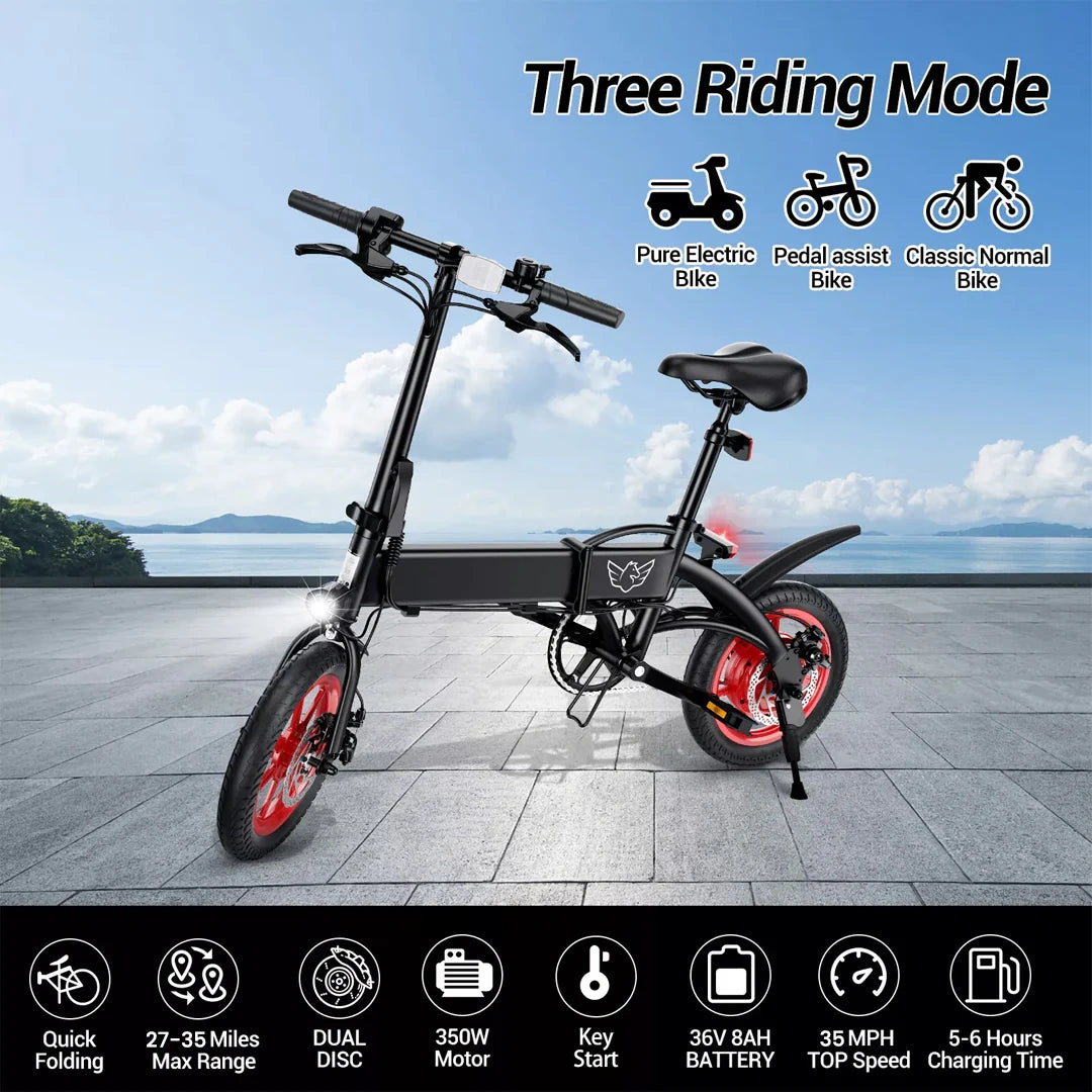 Black electric bike with red wheels on a tiled floor with a scenic background