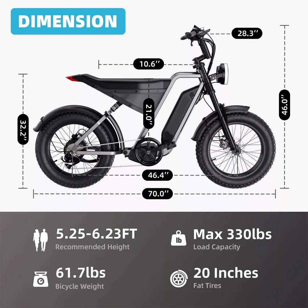 Dimensions of an electric bike with labeled measurements and specifications.