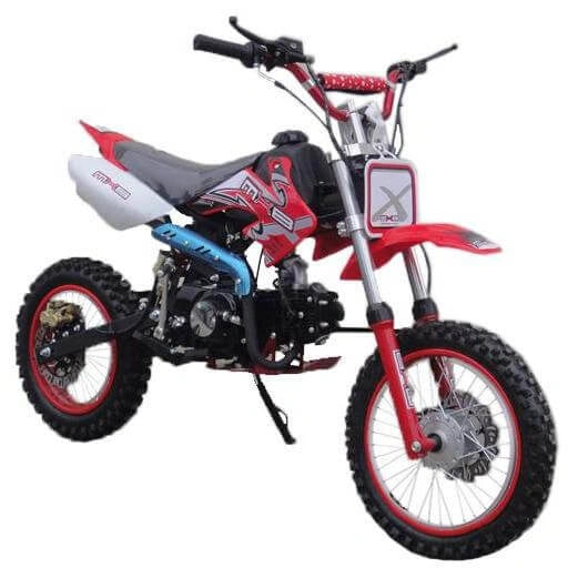 Red and black dirt bike with blue suspension on a white background