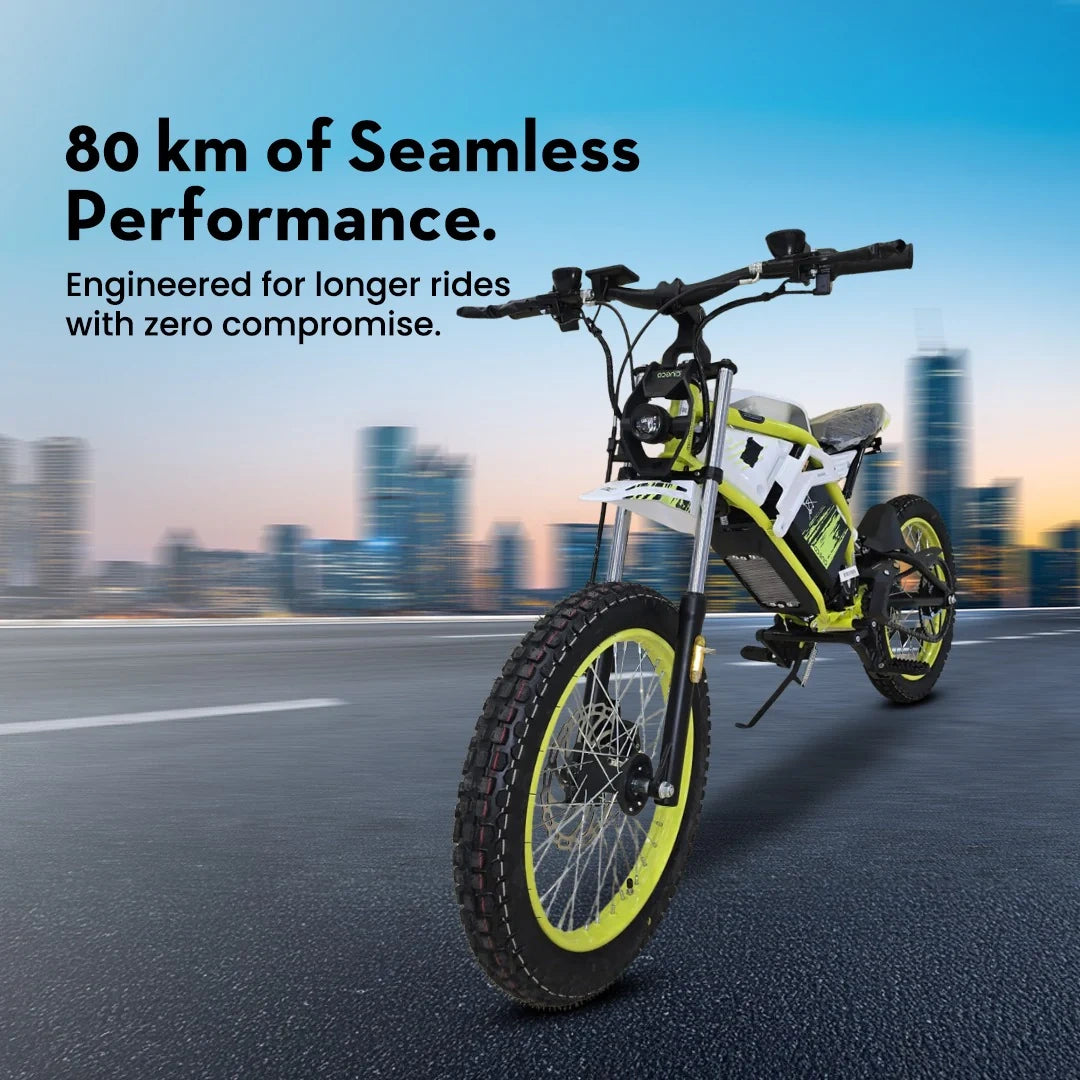 Electric bike on a road with a cityscape in the background, highlighting '80 km of Seamless Performance'.