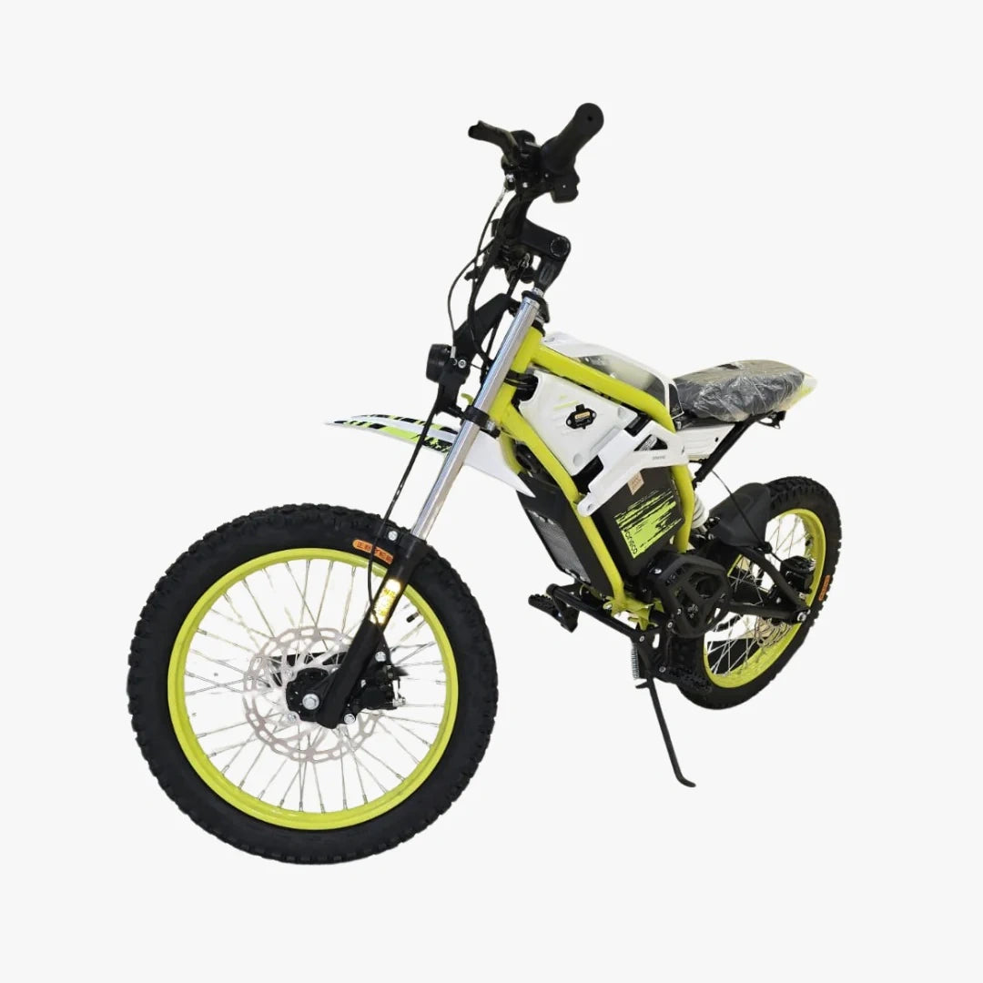 Children's electric bike with yellow wheels on a white background