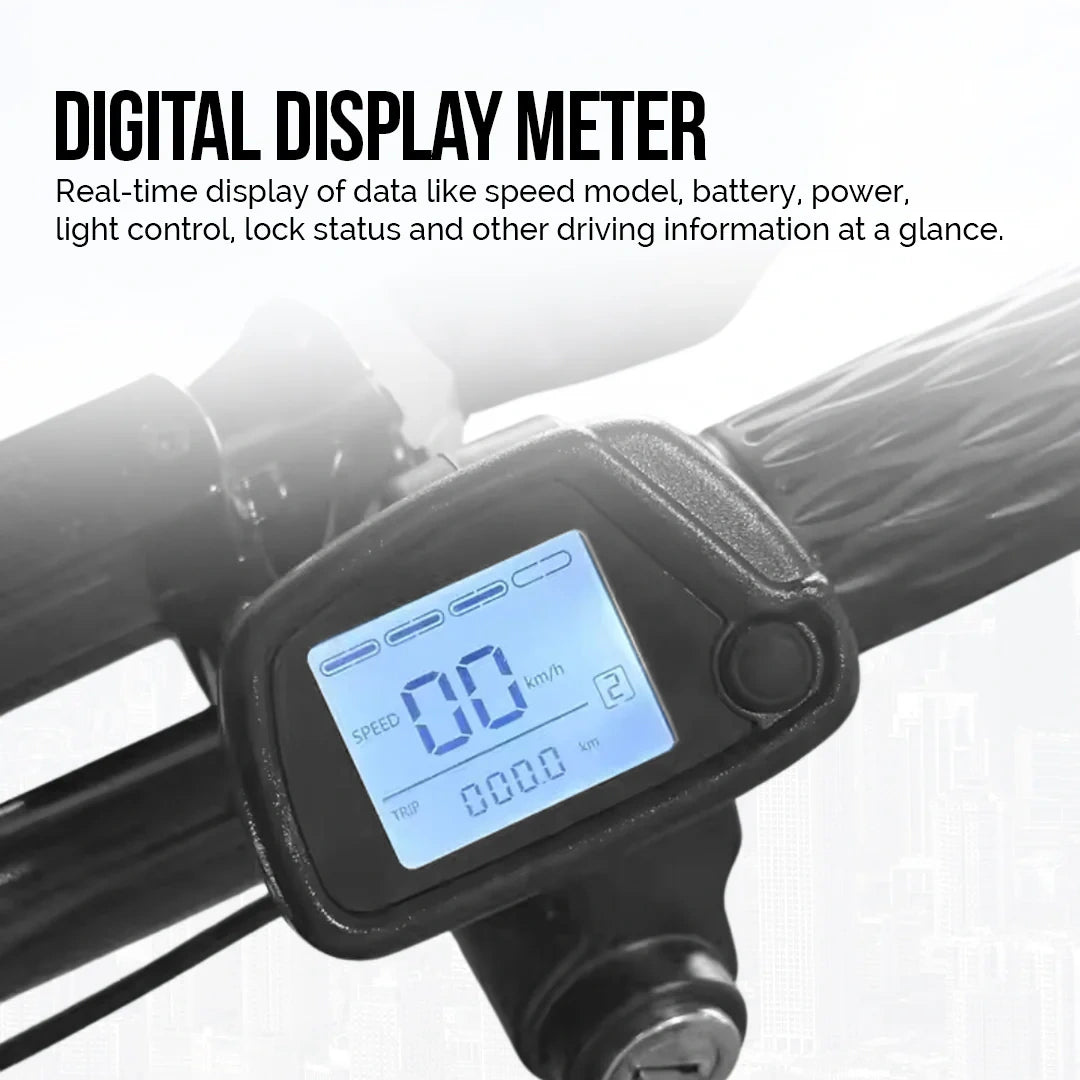 Digital display meter on a bicycle handlebar with text describing its functions.