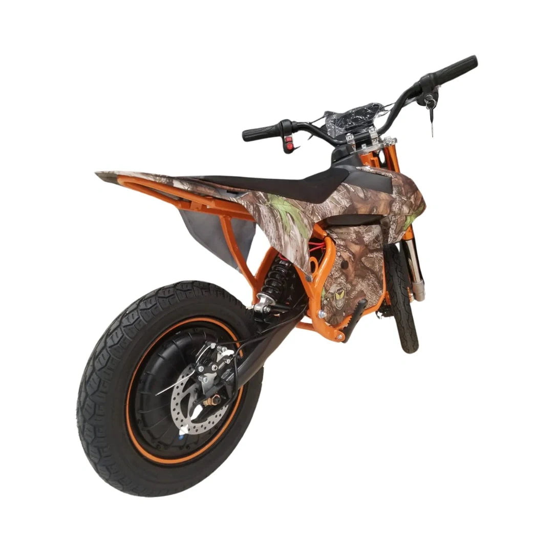Camo-patterned electric bike on a white background