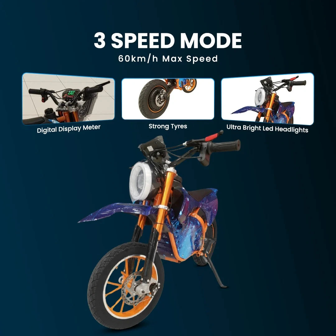 Children's dirt bike with features highlighted on a dark blue background