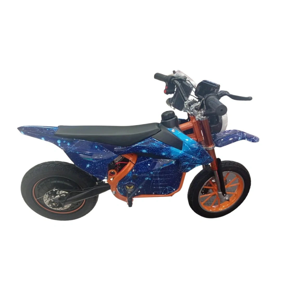 Blue and orange electric bike with starry pattern on a white background