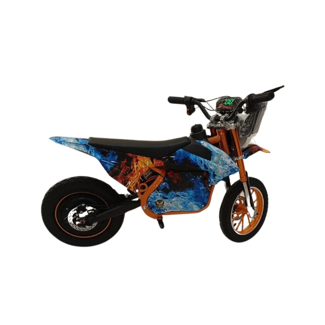 Colorful mini bike with a blue and orange design on a white background