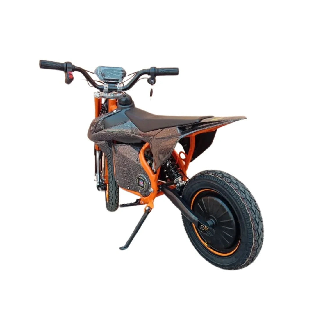 Small off-road bike with orange and black design on a white background