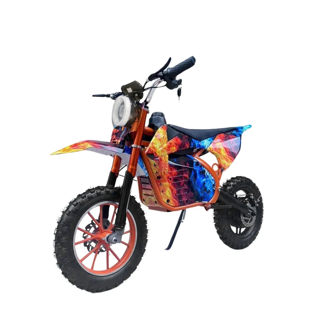 Colorful dirt bike with flame design on a white background