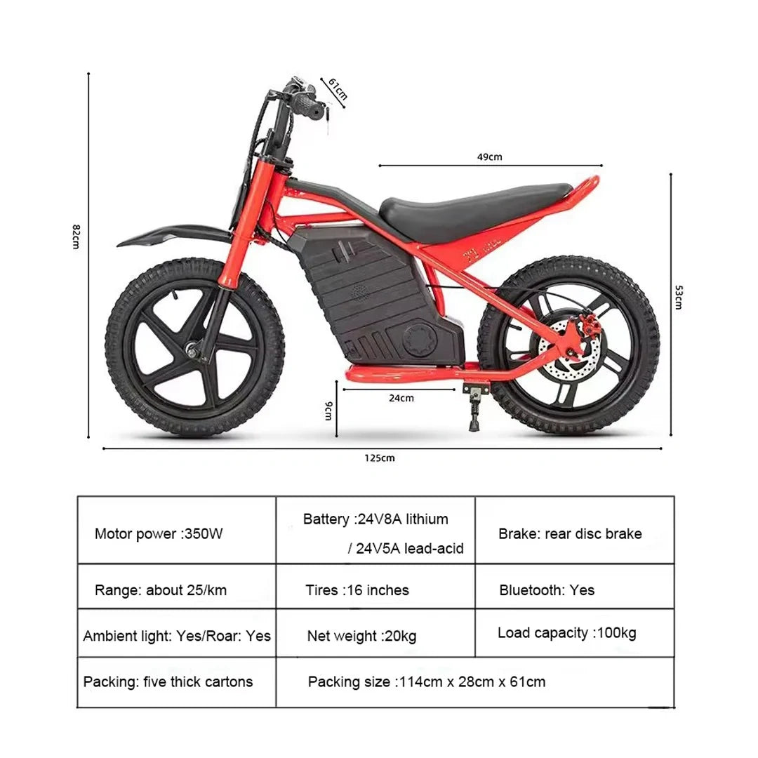 Red electric bike with dimensions and specifications on a white background