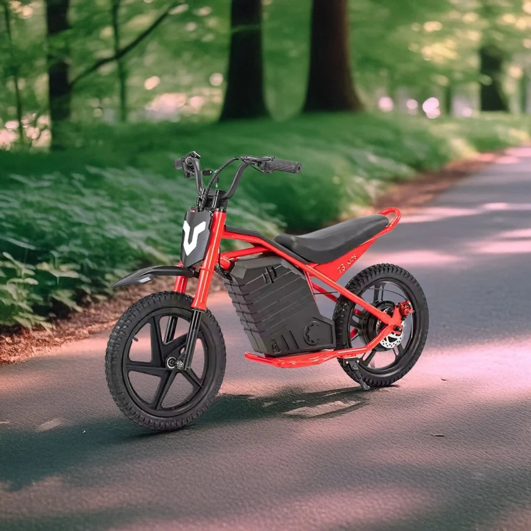 Red electric bike on a paved path with greenery in the background