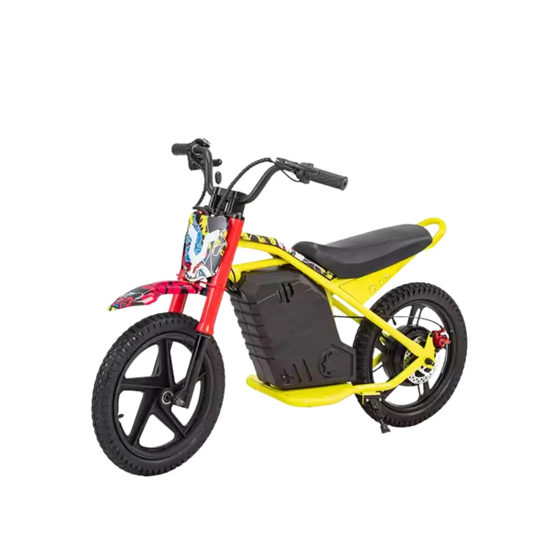 Yellow and red children's electric bike on a white background