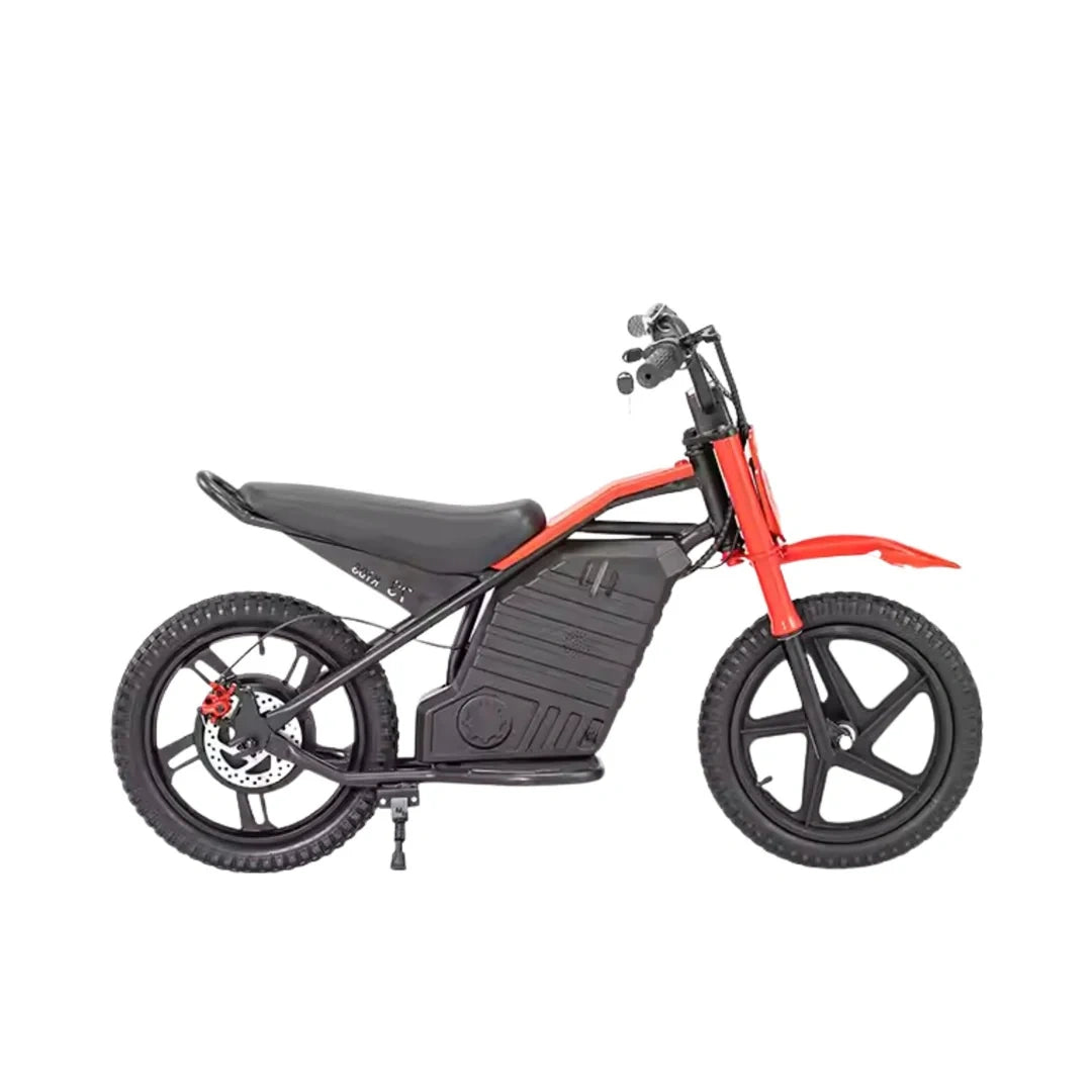 Small electric bike with a red frame and black seat on a white background