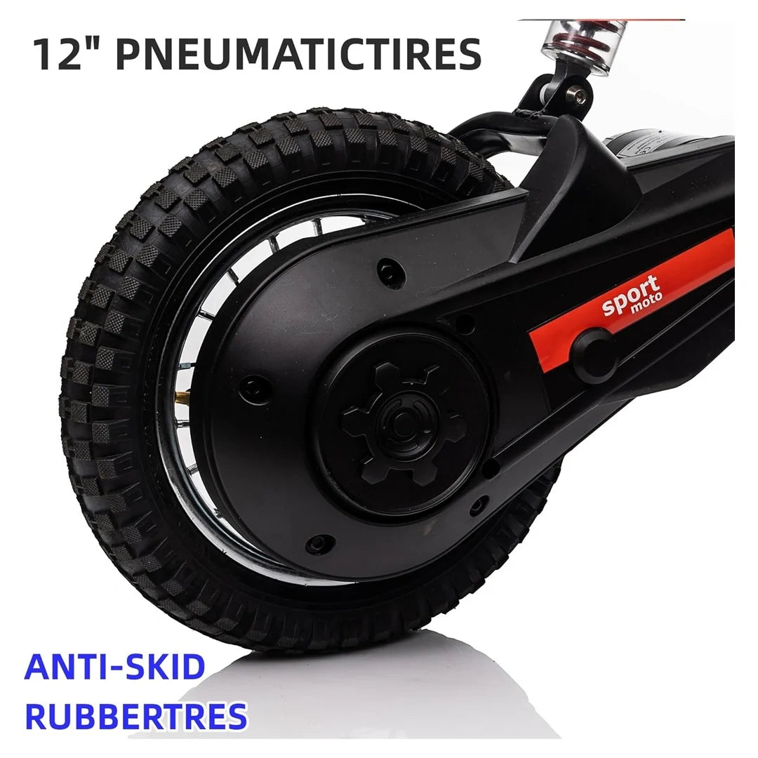 Close-up of a scooter wheel with 'sport moto' branding and text about pneumatic tires and anti-skid rubber.