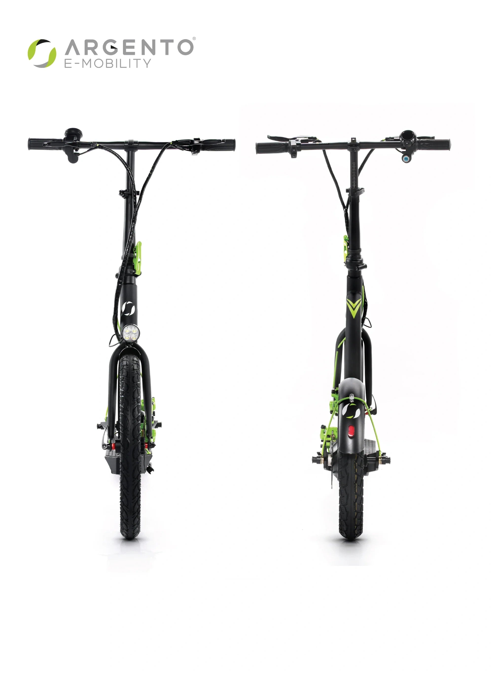 Two black electric scooters with green accents on a white background, featuring the Argento E-Mobility logo.