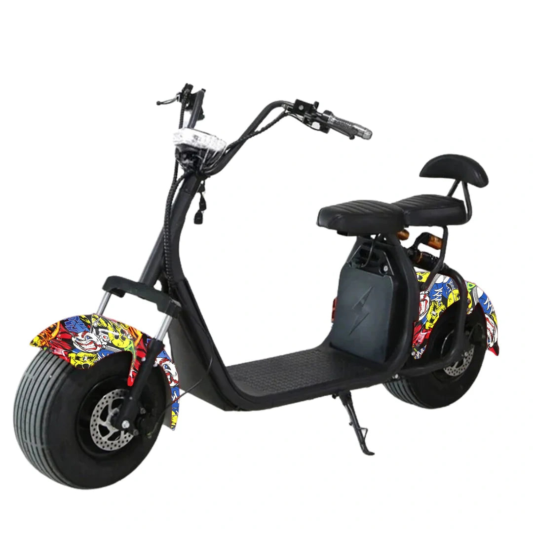 Black electric scooter with colorful wheels on a white background