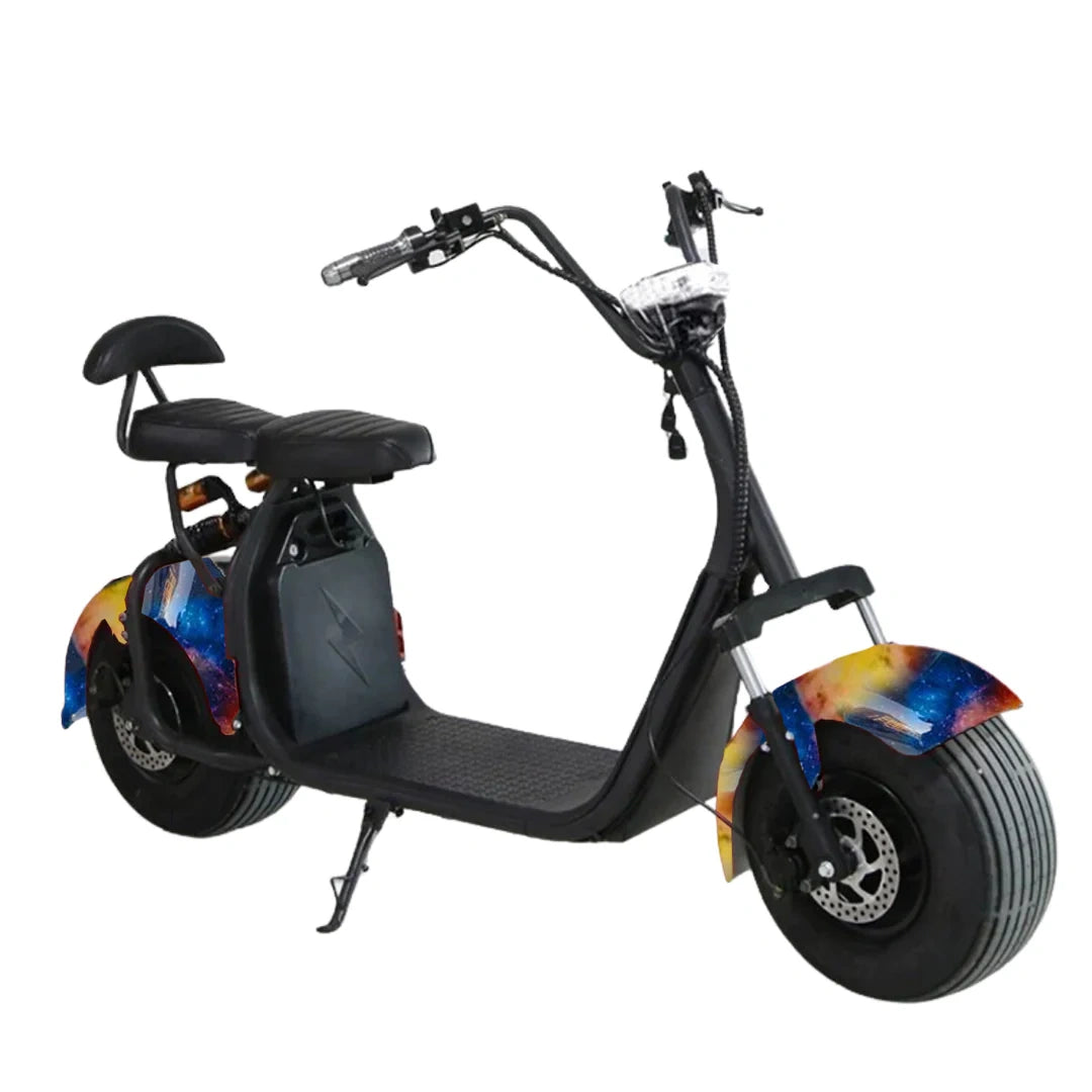 Black electric scooter with colorful wheels on a white background