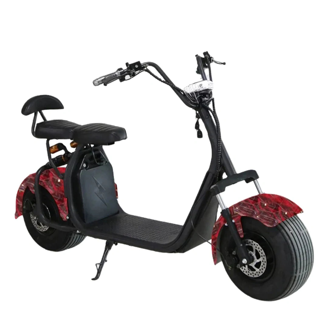 Black electric scooter with red accents on a white background