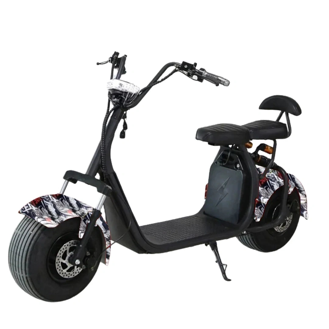 Black electric scooter with large wheels on a white background